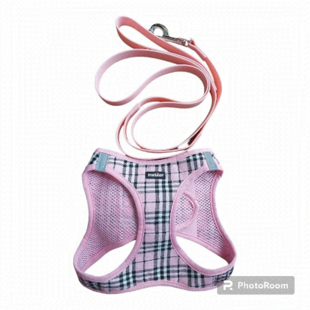 MATILOR XL Pink/Black/White Plaid Dog Harness/Vest With Light Pink Leash